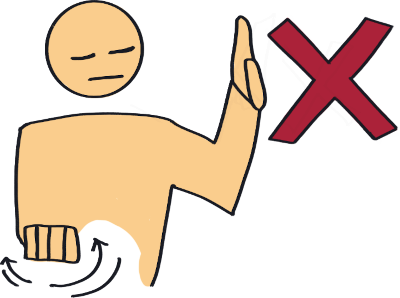 A person raising one hand to mean 'stop,' with a red X in front of it. With their other hand they are signing 'no' by moving their fist from side to side.